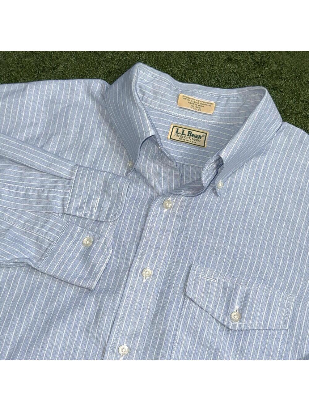 Vintage L.L.Bean Button Down Shirt Blue Striped Cotton Mens 17 1/2 35 USA Made